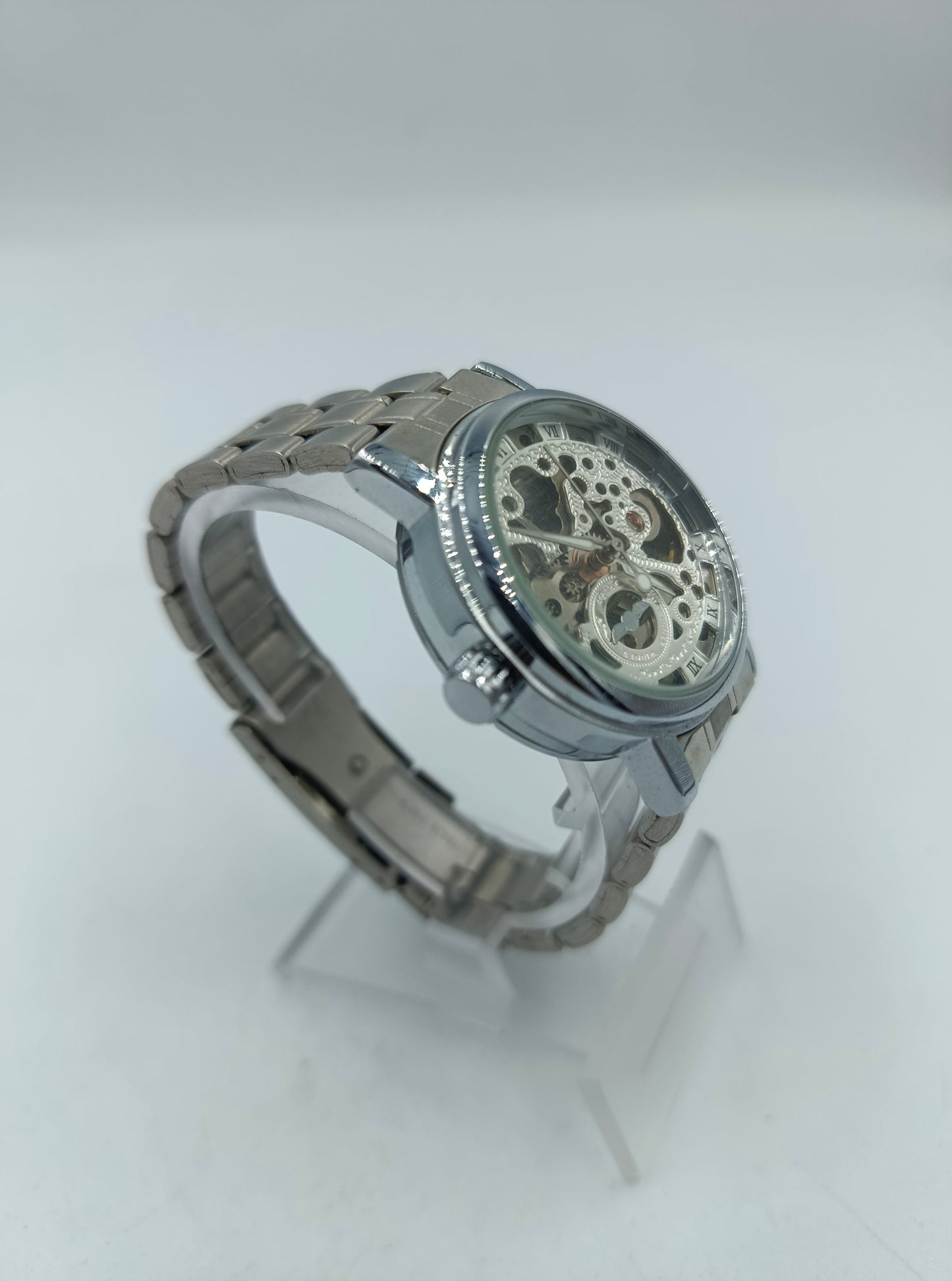 Herren Automatikuhr Silberfarben mit Skelett Zifferblatt