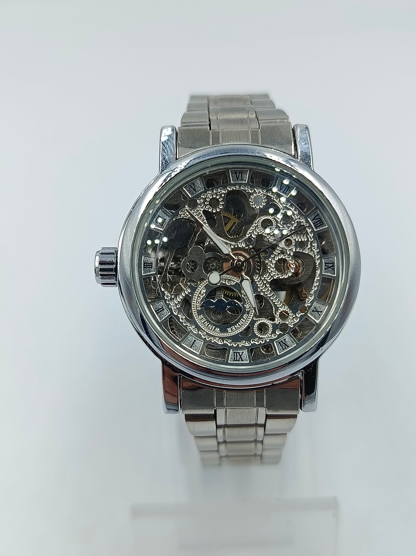 Herren Automatikuhr Silberfarben mit Skelett Zifferblatt