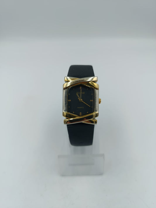 Scene Damenuhr mit schwarzem Lederarmband und Gold Akzenten