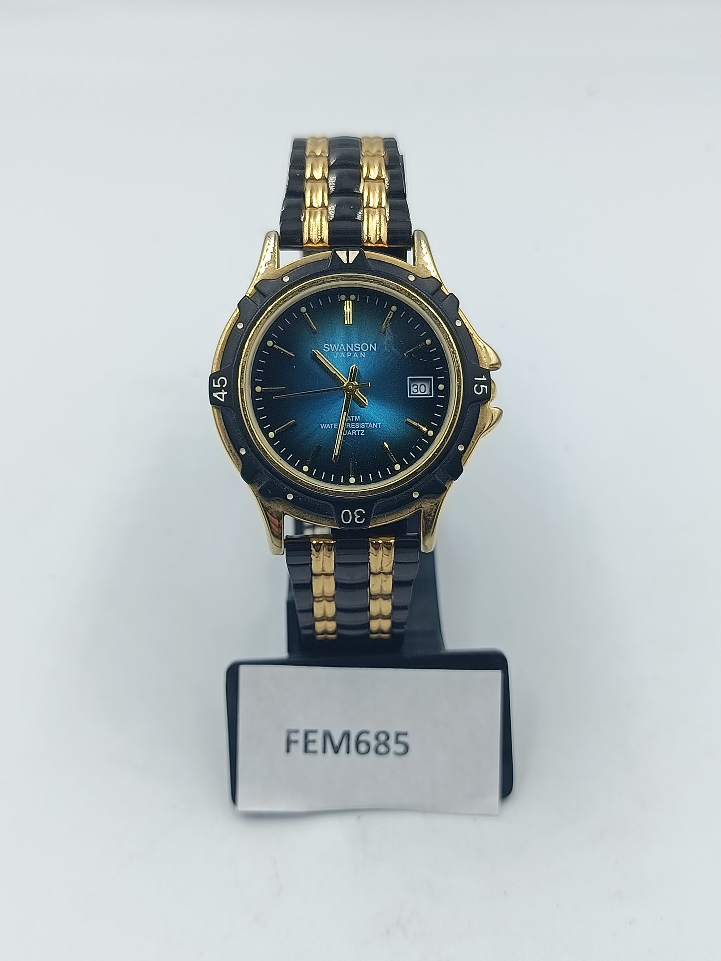 Swanson Japan Quartz Armbanduhr Blau Gold mit Datumsanzeige