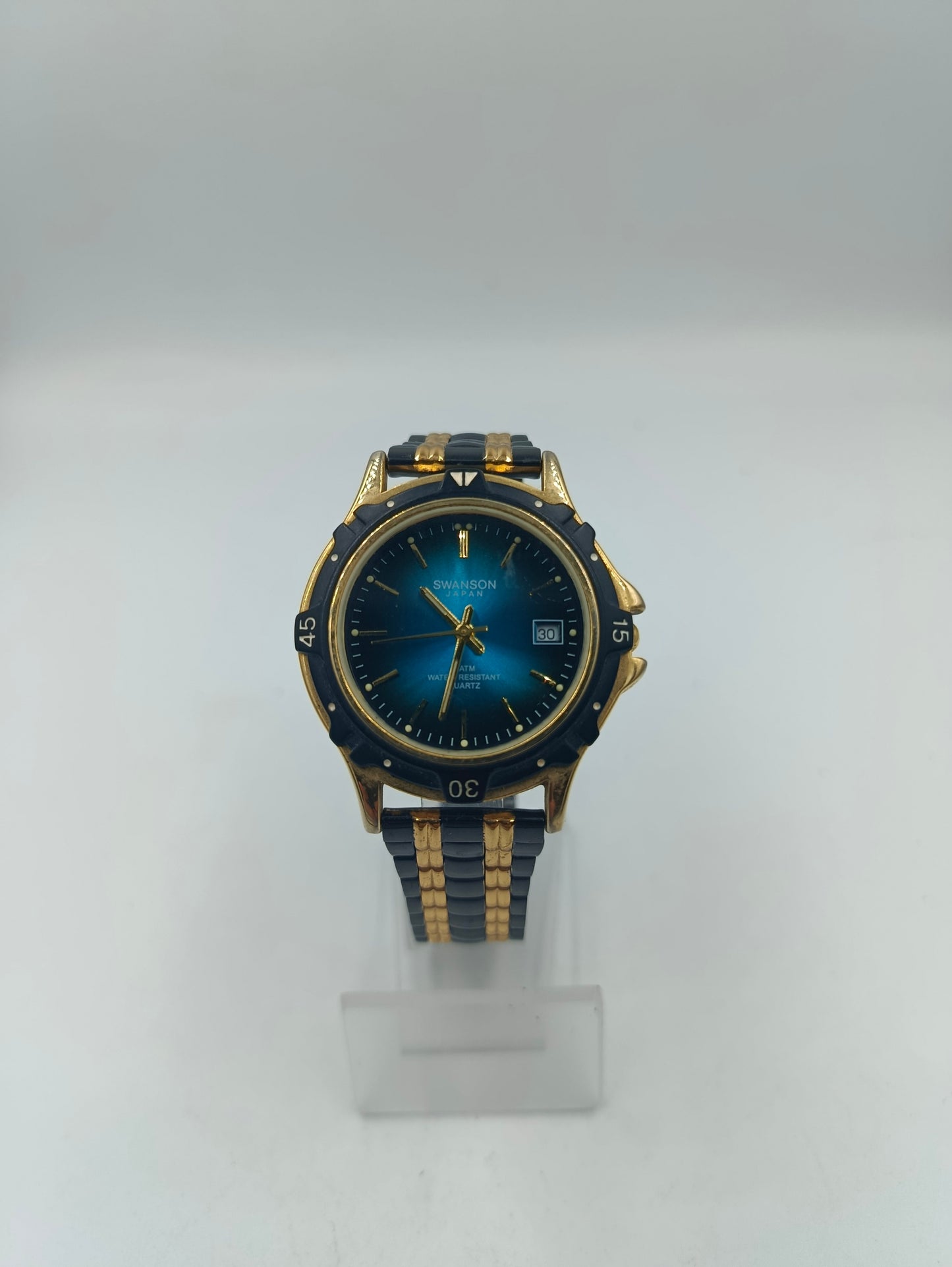 Swanson Japan Quartz Armbanduhr Blau Gold mit Datumsanzeige