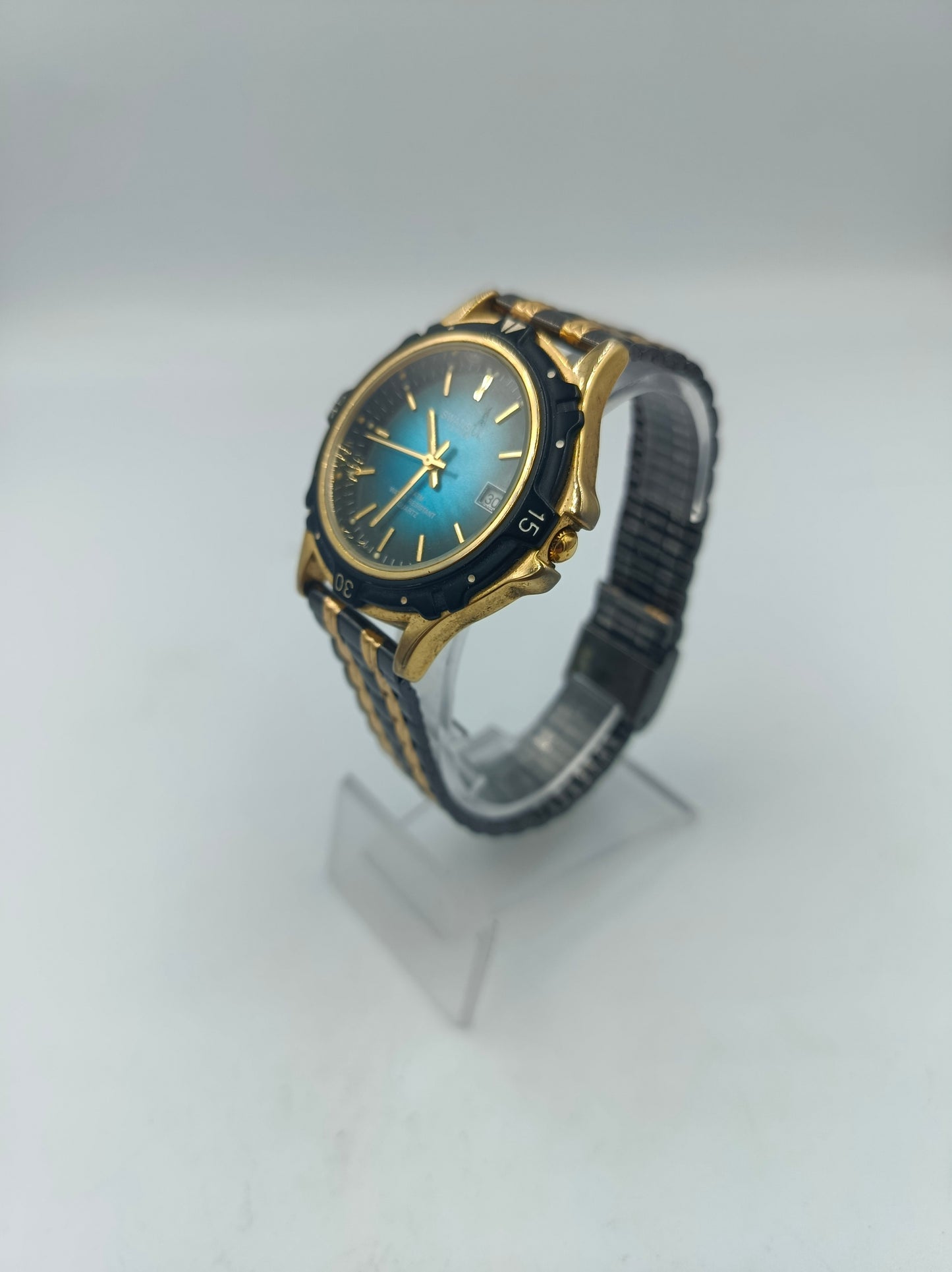 Swanson Japan Quartz Armbanduhr Blau Gold mit Datumsanzeige