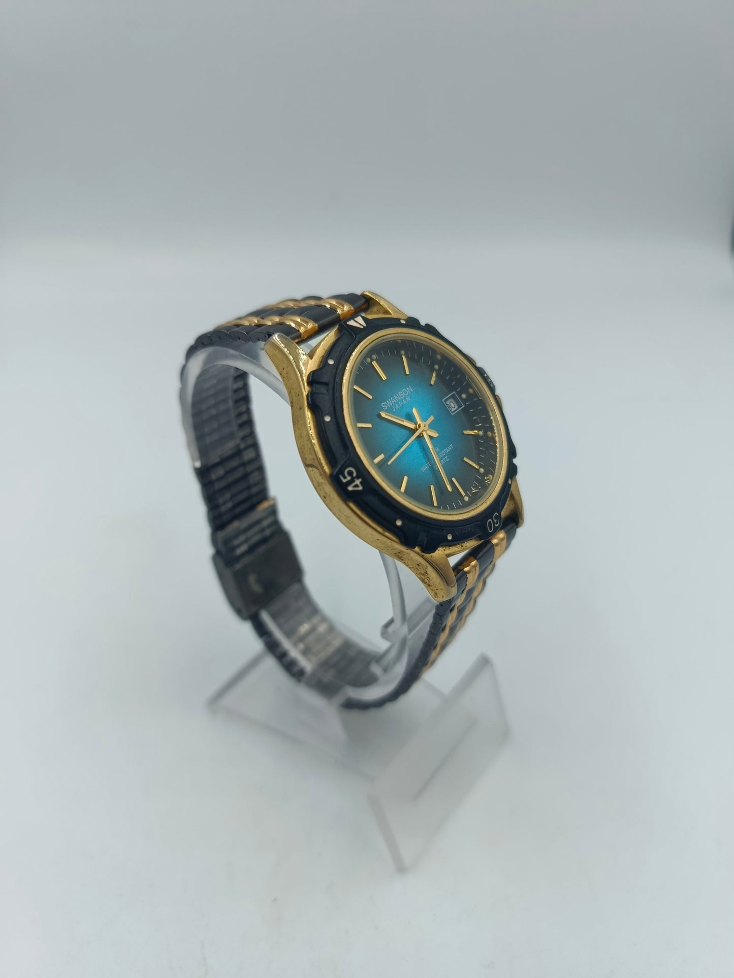 Swanson Japan Quartz Armbanduhr Blau Gold mit Datumsanzeige