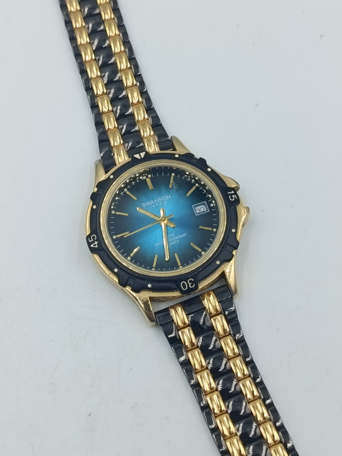 Swanson Japan Quartz Armbanduhr Blau Gold mit Datumsanzeige