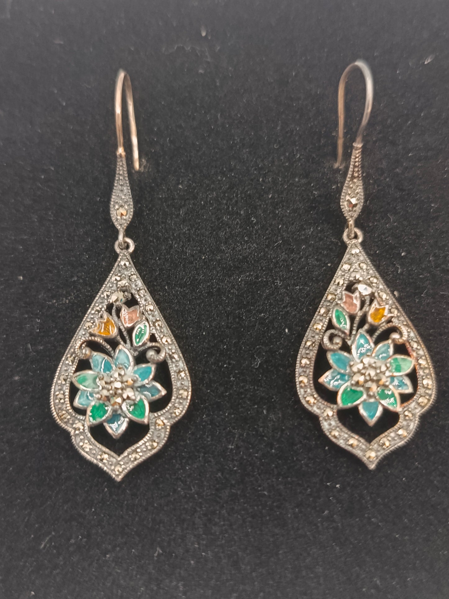 925 Silber Ohrringe mit Emaille Blumendesign orientalisch