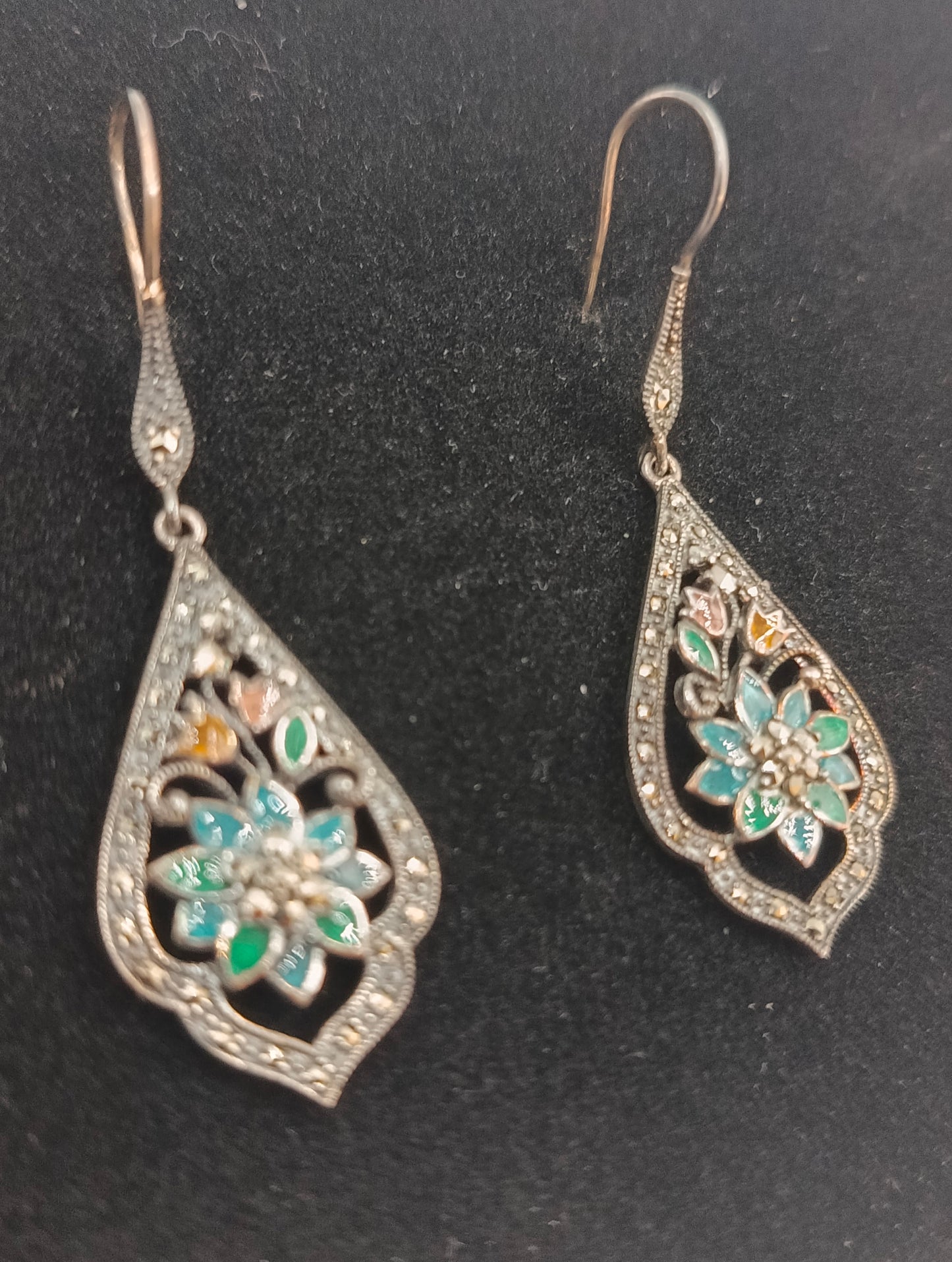 925 Silber Ohrringe mit Emaille Blumendesign orientalisch