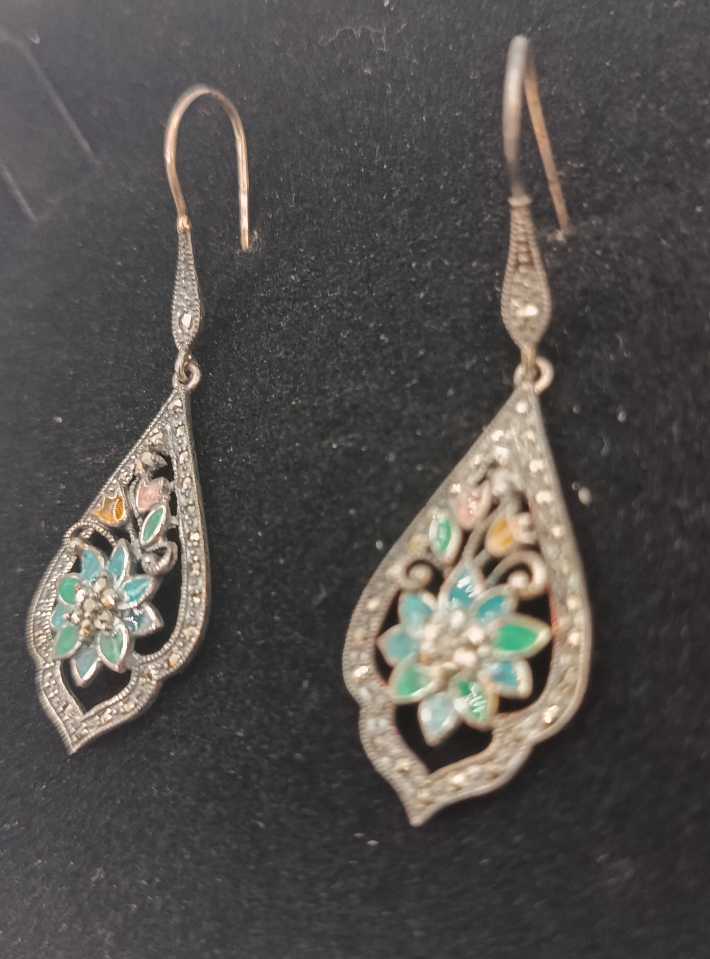 925 Silber Ohrringe mit Emaille Blumendesign orientalisch