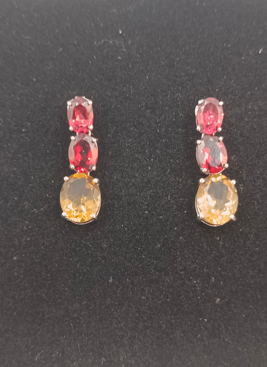 925 Silber Ohrringe mit roten und gelben Steinen elegant