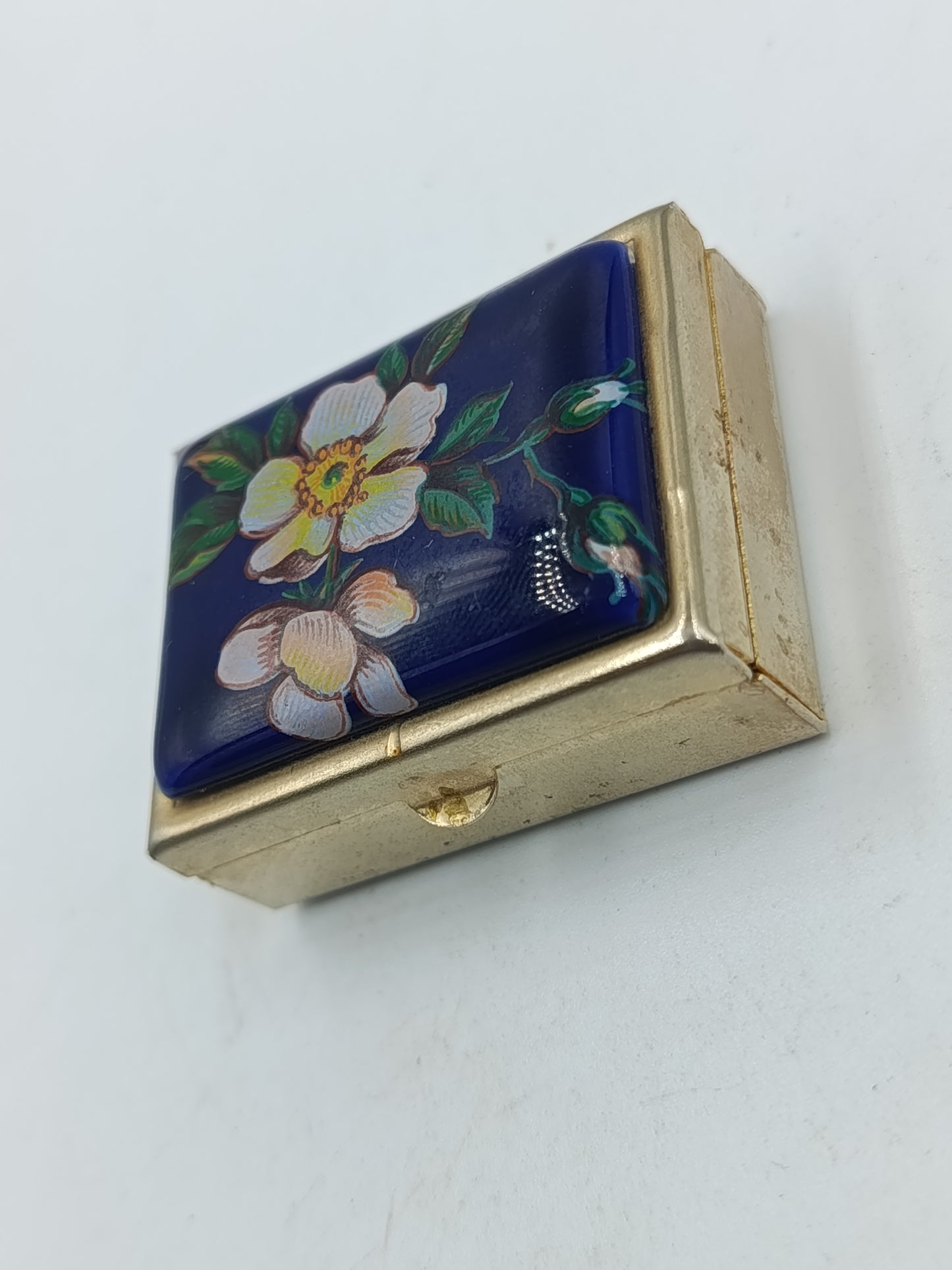 Vintage Emaille Dose mit Blumenmotiv Blau