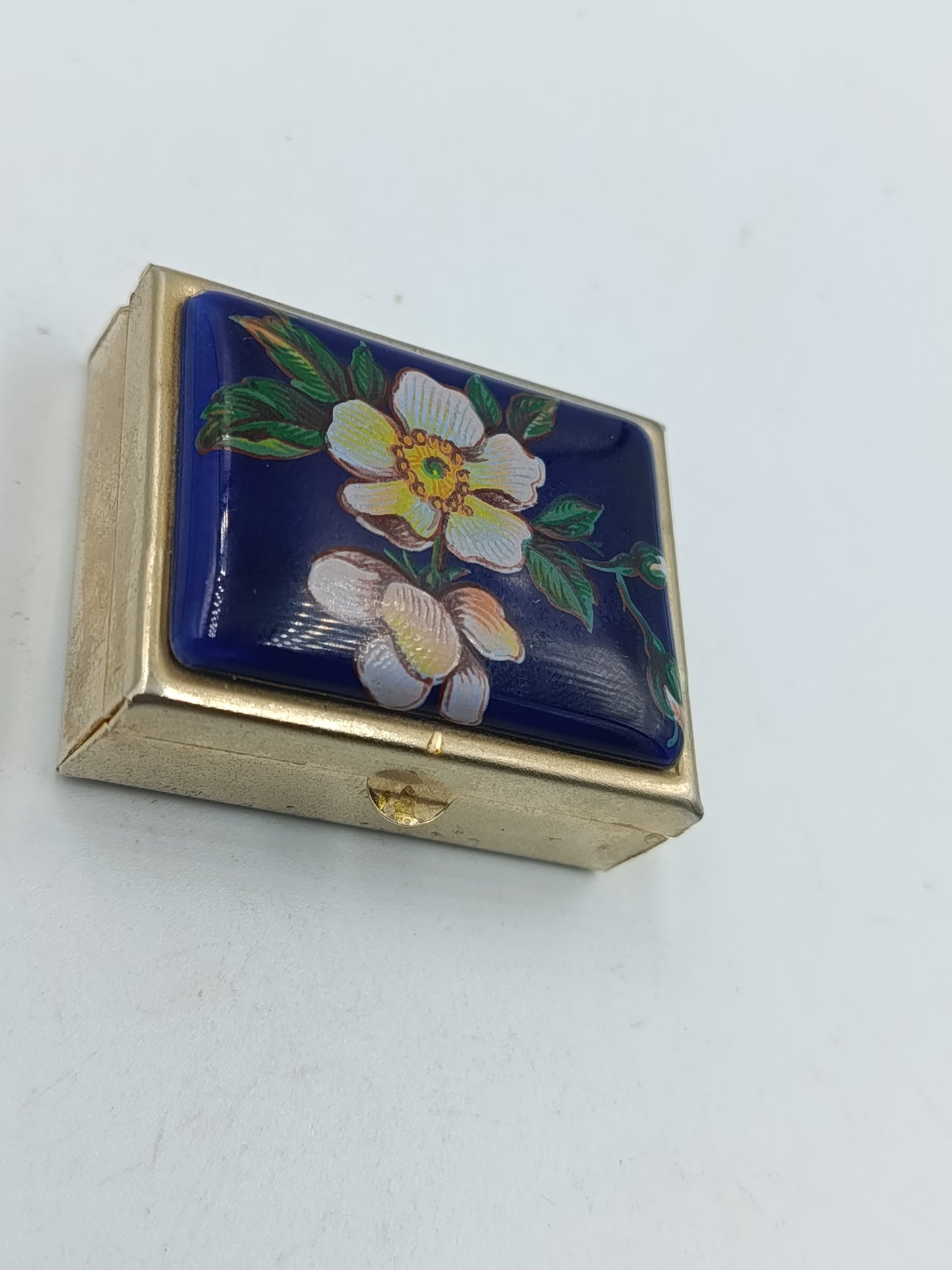 Vintage Emaille Dose mit Blumenmotiv Blau