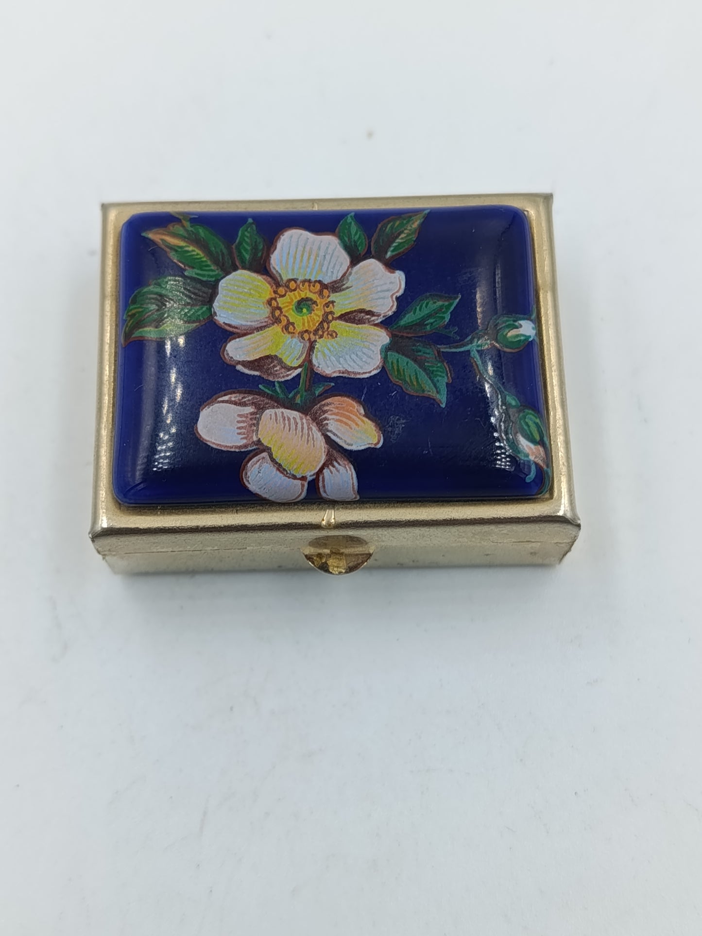 Vintage Emaille Dose mit Blumenmotiv Blau