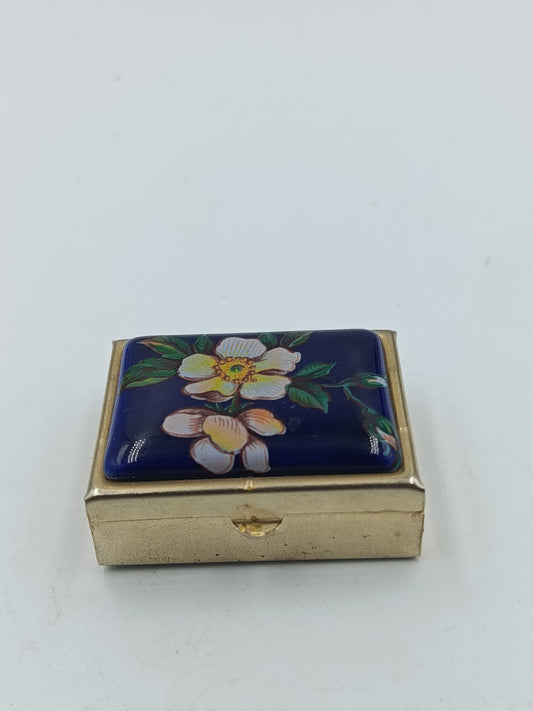 Vintage Emaille Dose mit Blumenmotiv Blau