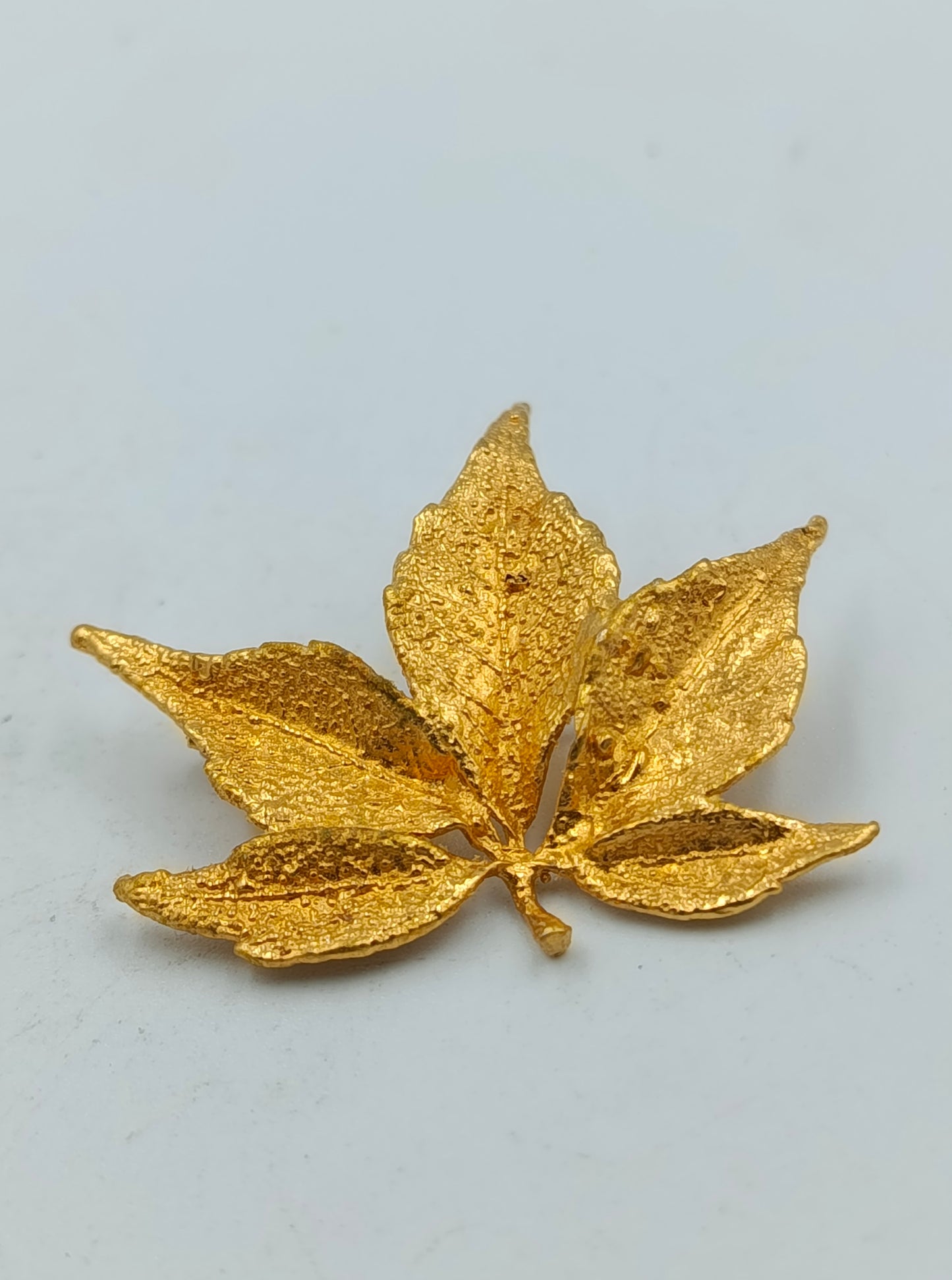 Goldfarbene Brosche in Blattform mit strukturierter Oberfläche