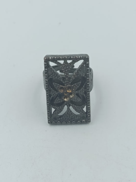 Verstellbarer Vintage Ring in Antiksilber mit Ornament und Strass