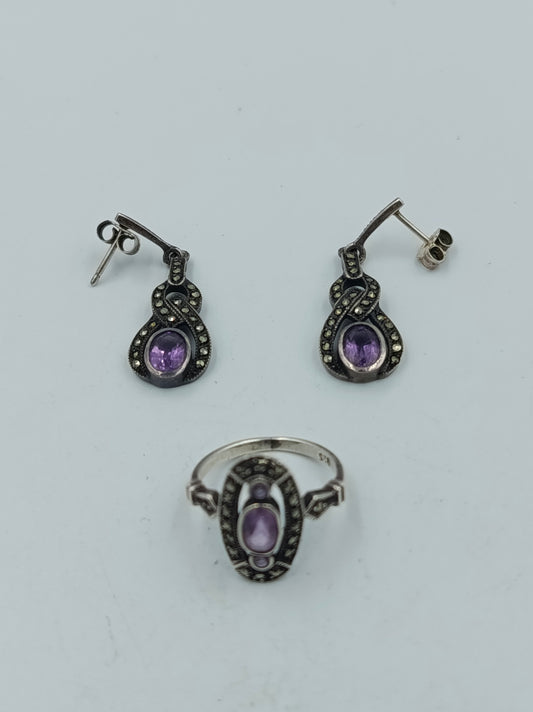 925 Silber Schmuckset mit Amethyst und Markasiten Ring und Ohrringe Vintage Design