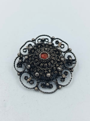 Silber Filigran Brosche mit rotem Stein Vintage Design