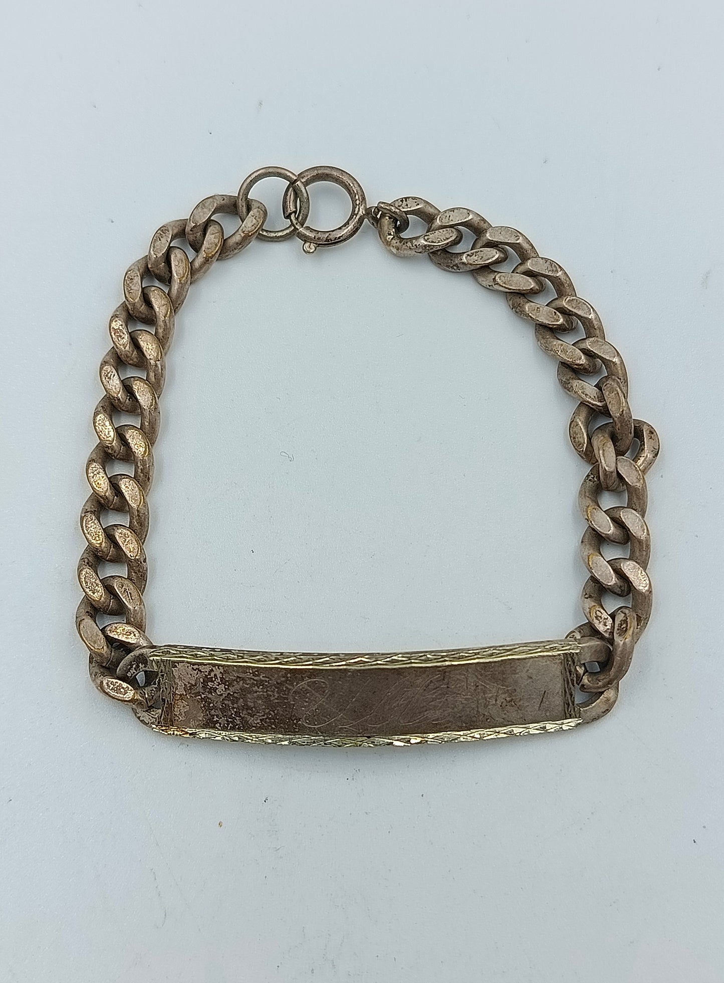 Alpacca Panzerarmband mit Gravurplatte Vintage Schmuck