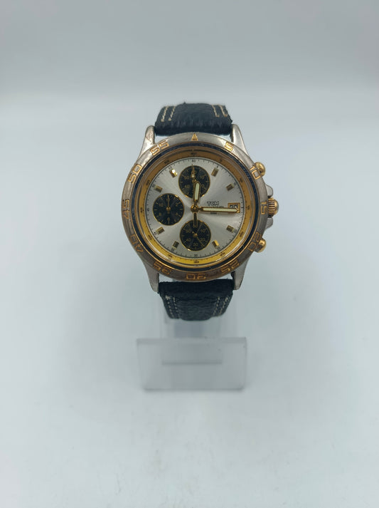TCM Herren Armbanduhr Chronograph silber gold Lederarmband