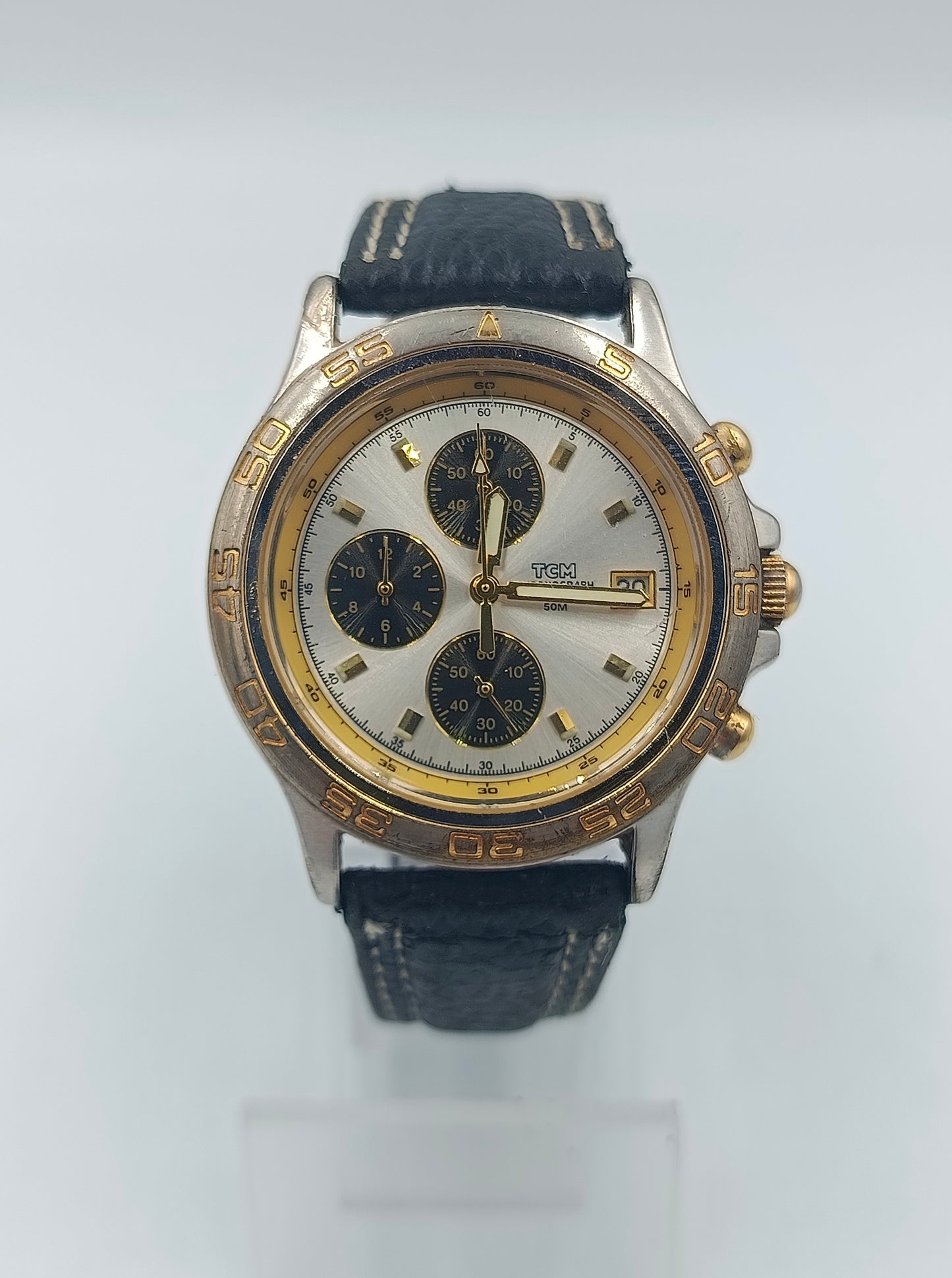 TCM Herren Armbanduhr Chronograph silber gold Lederarmband