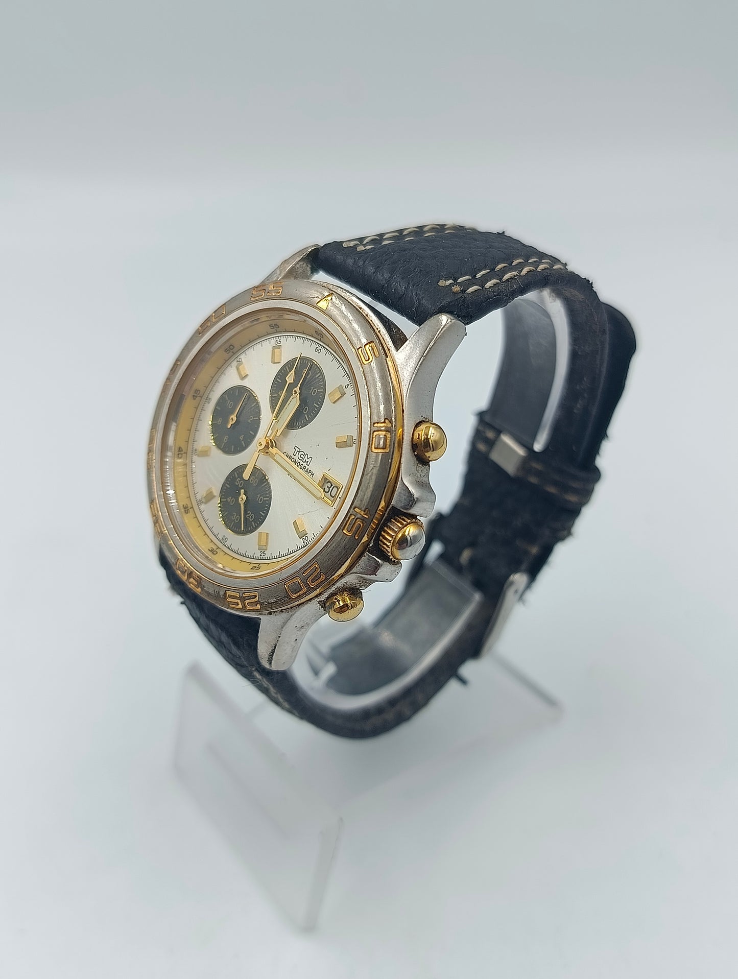 TCM Herren Armbanduhr Chronograph silber gold Lederarmband