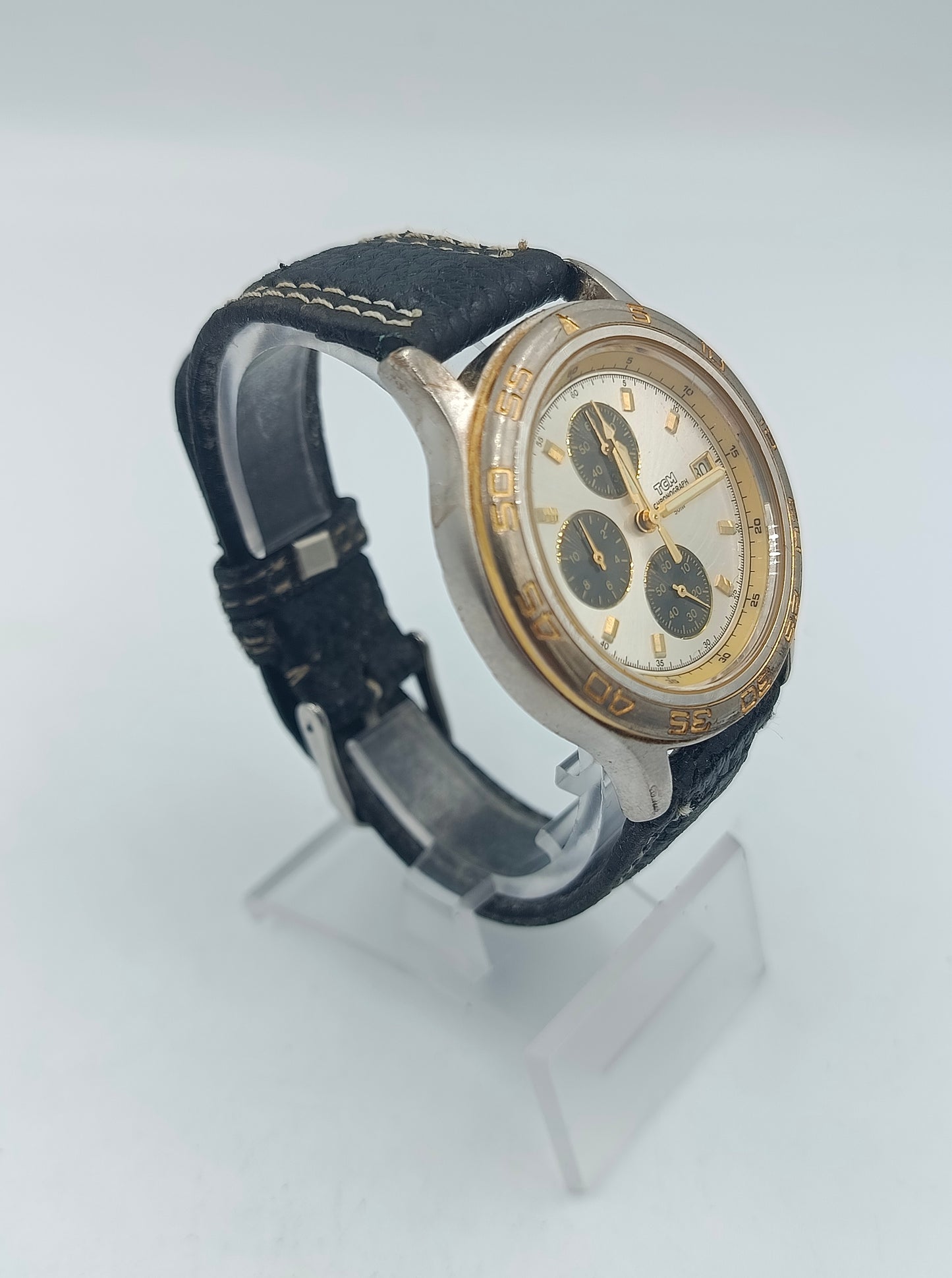 TCM Herren Armbanduhr Chronograph silber gold Lederarmband