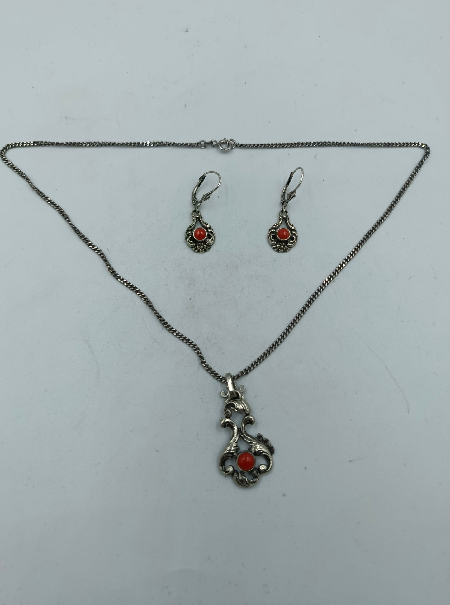 Schmuckset Silber 835/925 mit Koralle Kette und Ohrringe Vintag