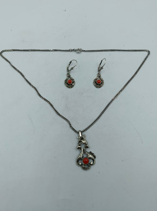 Schmuckset Silber 835/925 mit Koralle Kette und Ohrringe Vintag