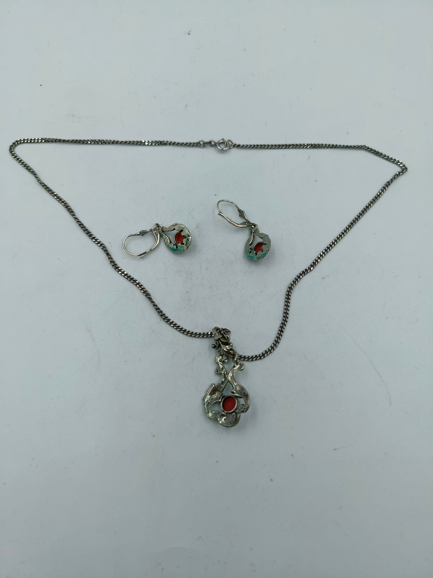 Schmuckset Silber 835/925 mit Koralle Kette und Ohrringe Vintag