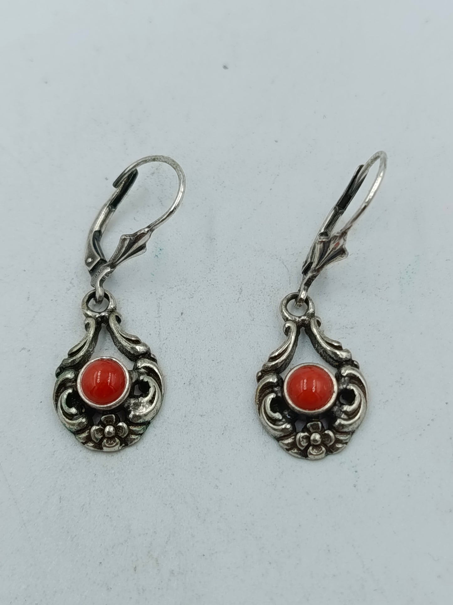 Schmuckset Silber 835/925 mit Koralle Kette und Ohrringe Vintag