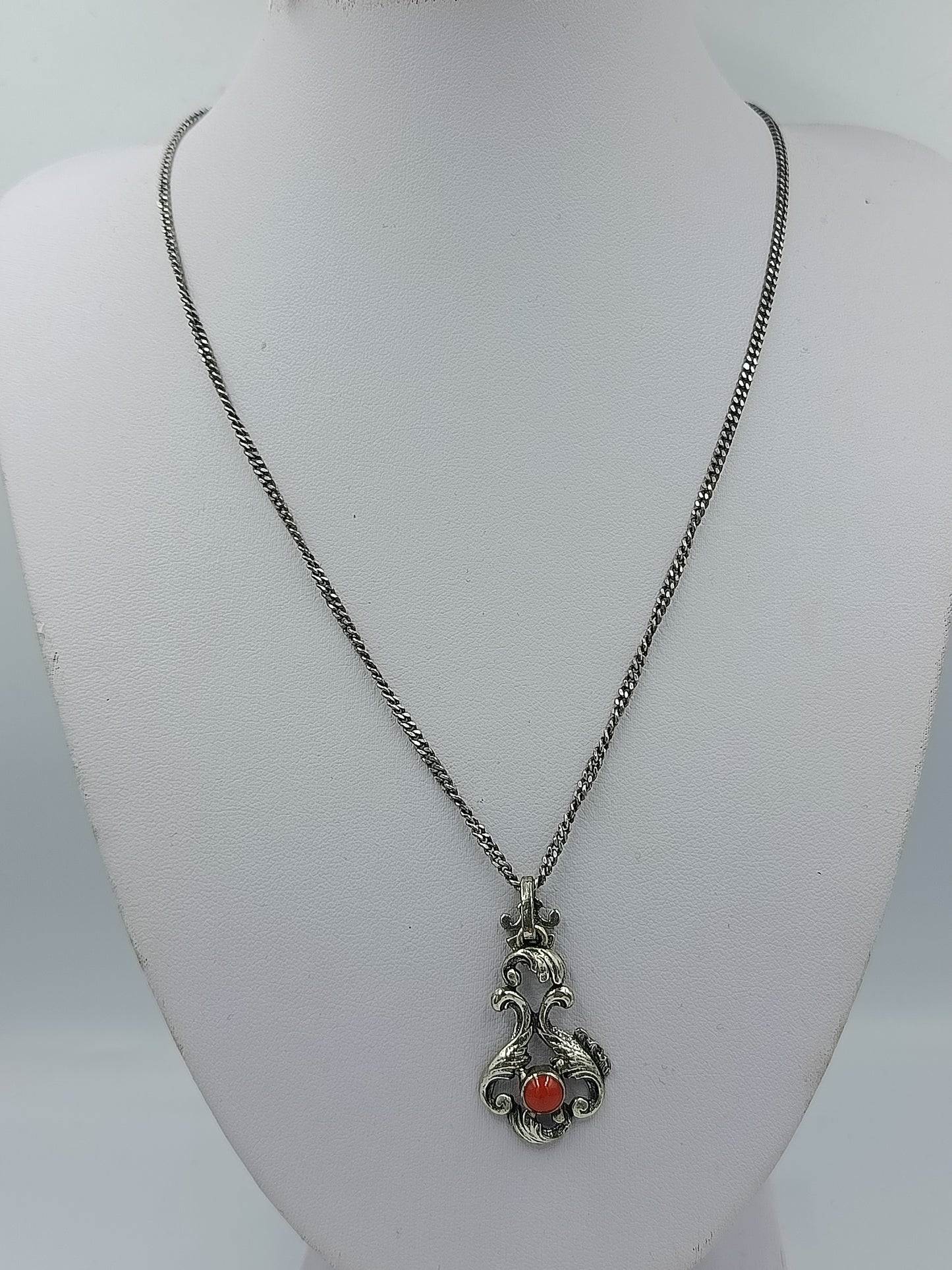 Schmuckset Silber 835/925 mit Koralle Kette und Ohrringe Vintag