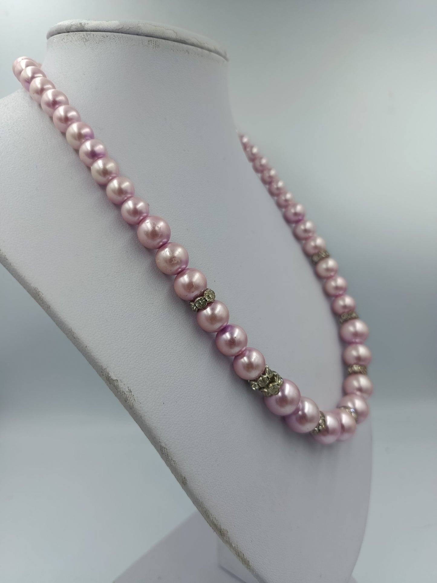 Rosa Perlenkette mit Strass Zwischenelementen 48cm Elegant Vintage