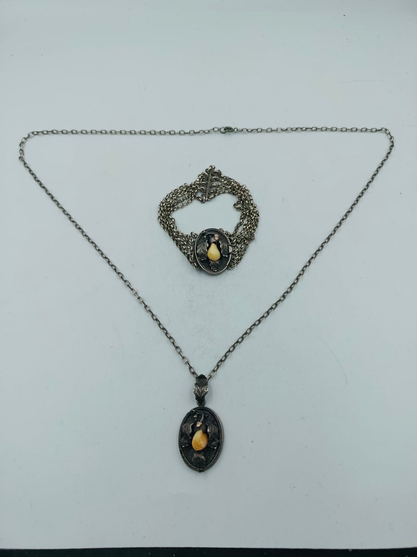 Silber Set Kette und Armband mit Zahnanhänger Trachtenschmuck Vintage