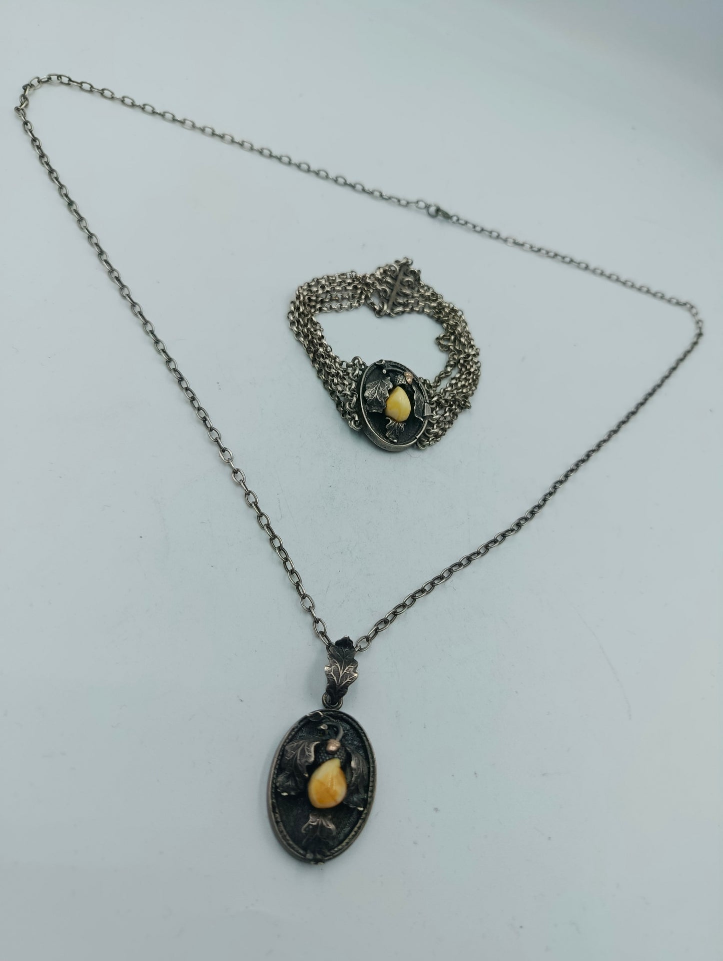 Silber Set Kette und Armband mit Zahnanhänger Trachtenschmuck Vintage