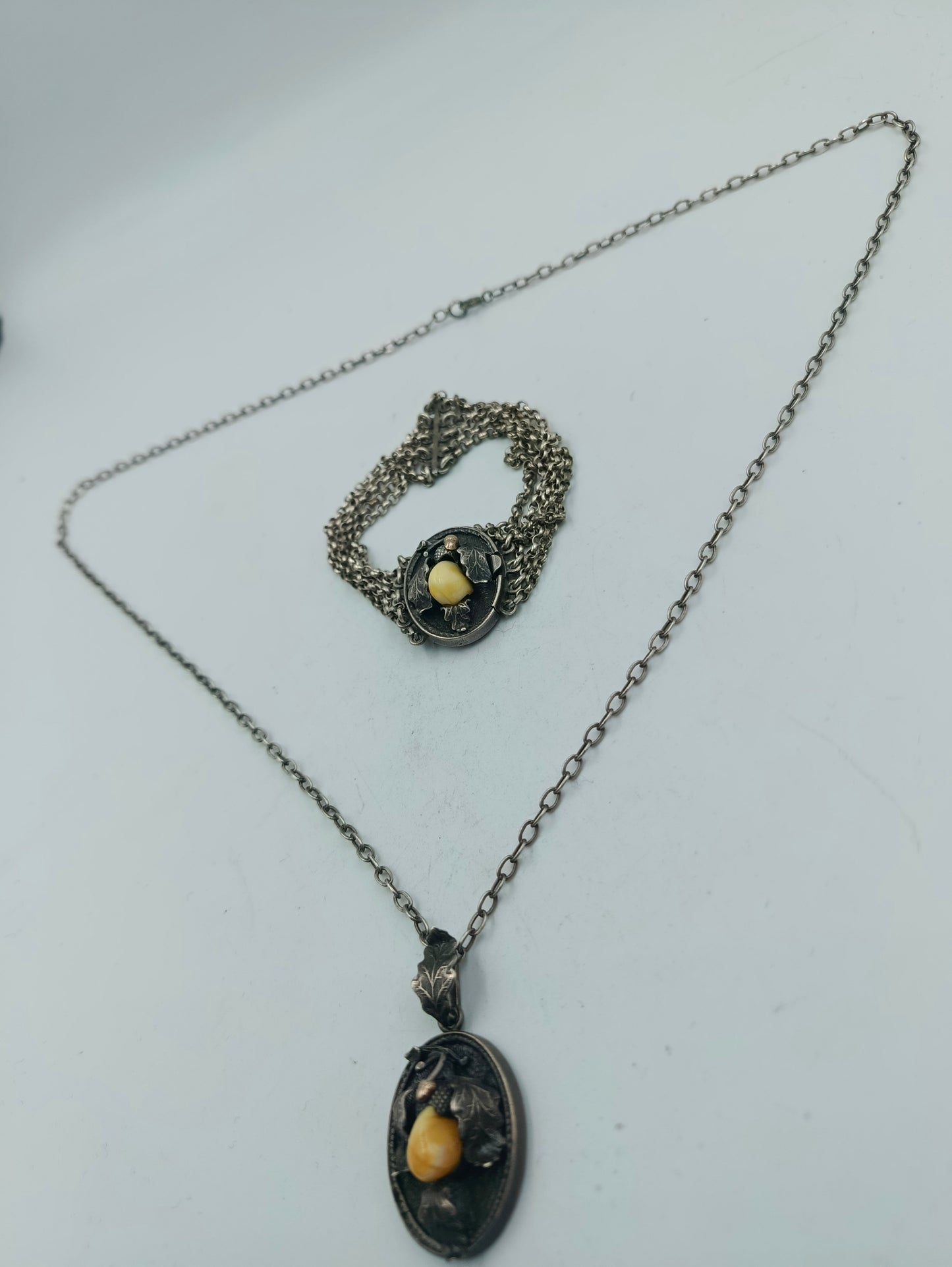 Silber Set Kette und Armband mit Zahnanhänger Trachtenschmuck Vintage