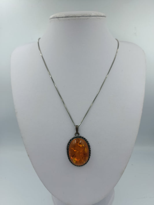 Silberkette mit Bernstein Anhänger Vintage Schmuck