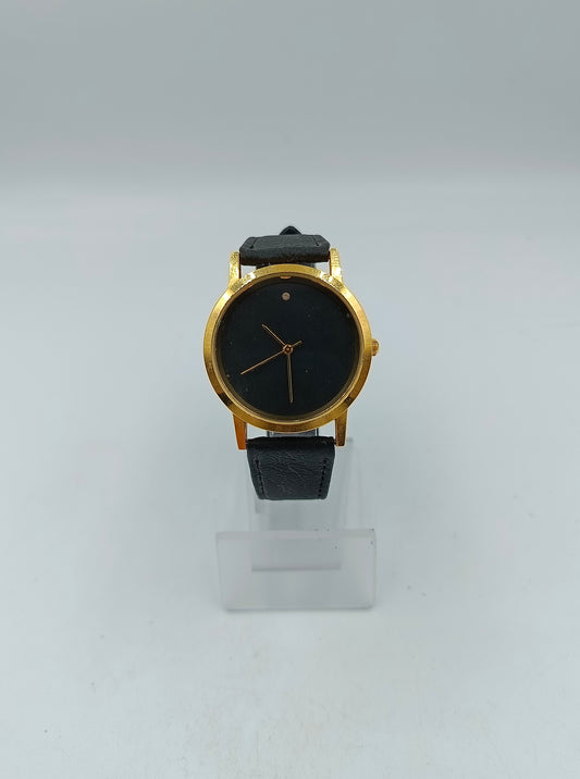 Armbanduhr Goldfarben Schwarzes Zifferblatt Lederarmband