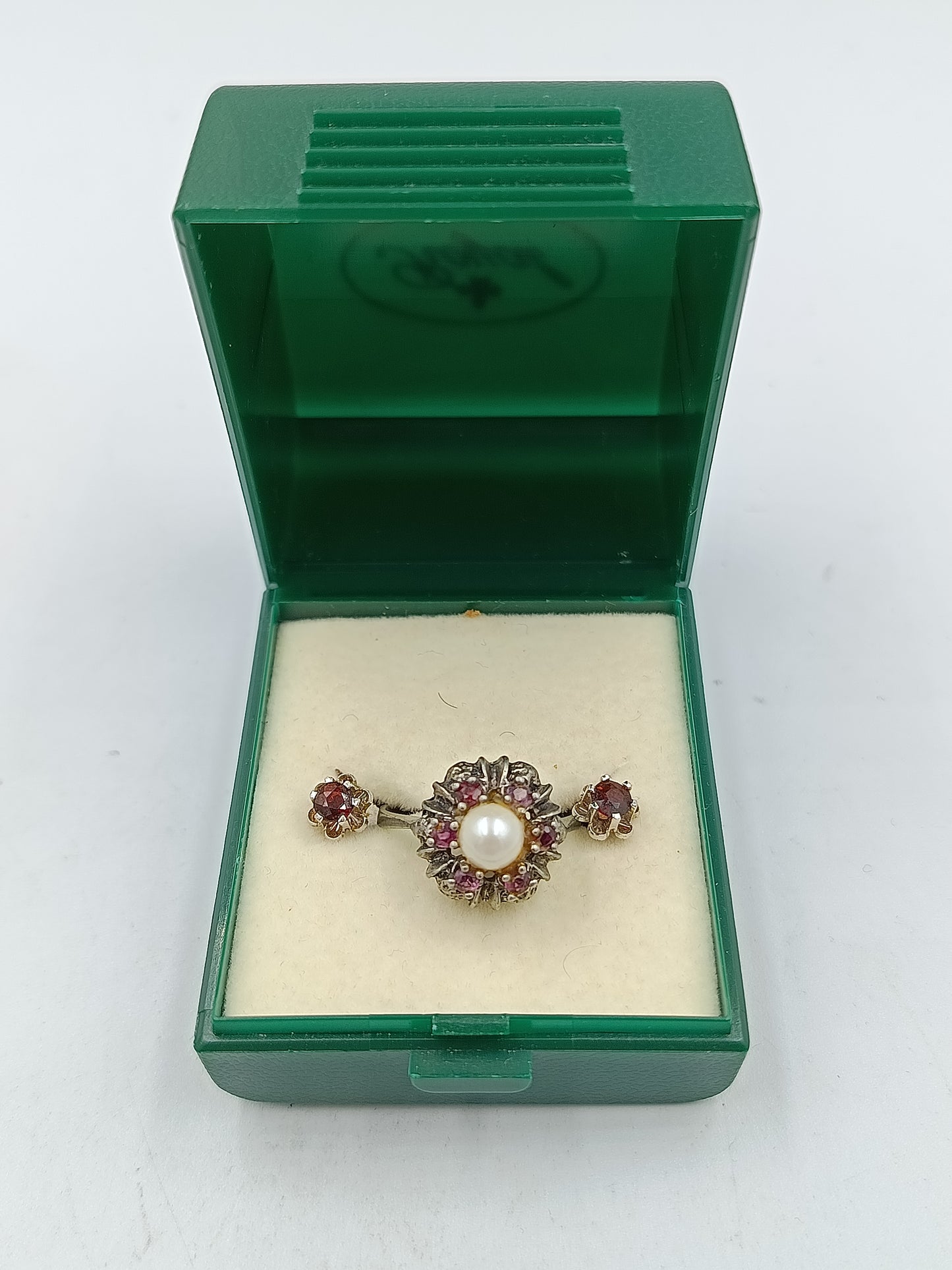 925 Silber Set mit Perle und roten Steinen Ring und Ohrringe