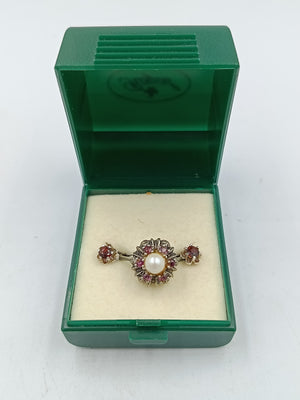 925 Silber Set mit Perle und roten Steinen Ring und Ohrringe
