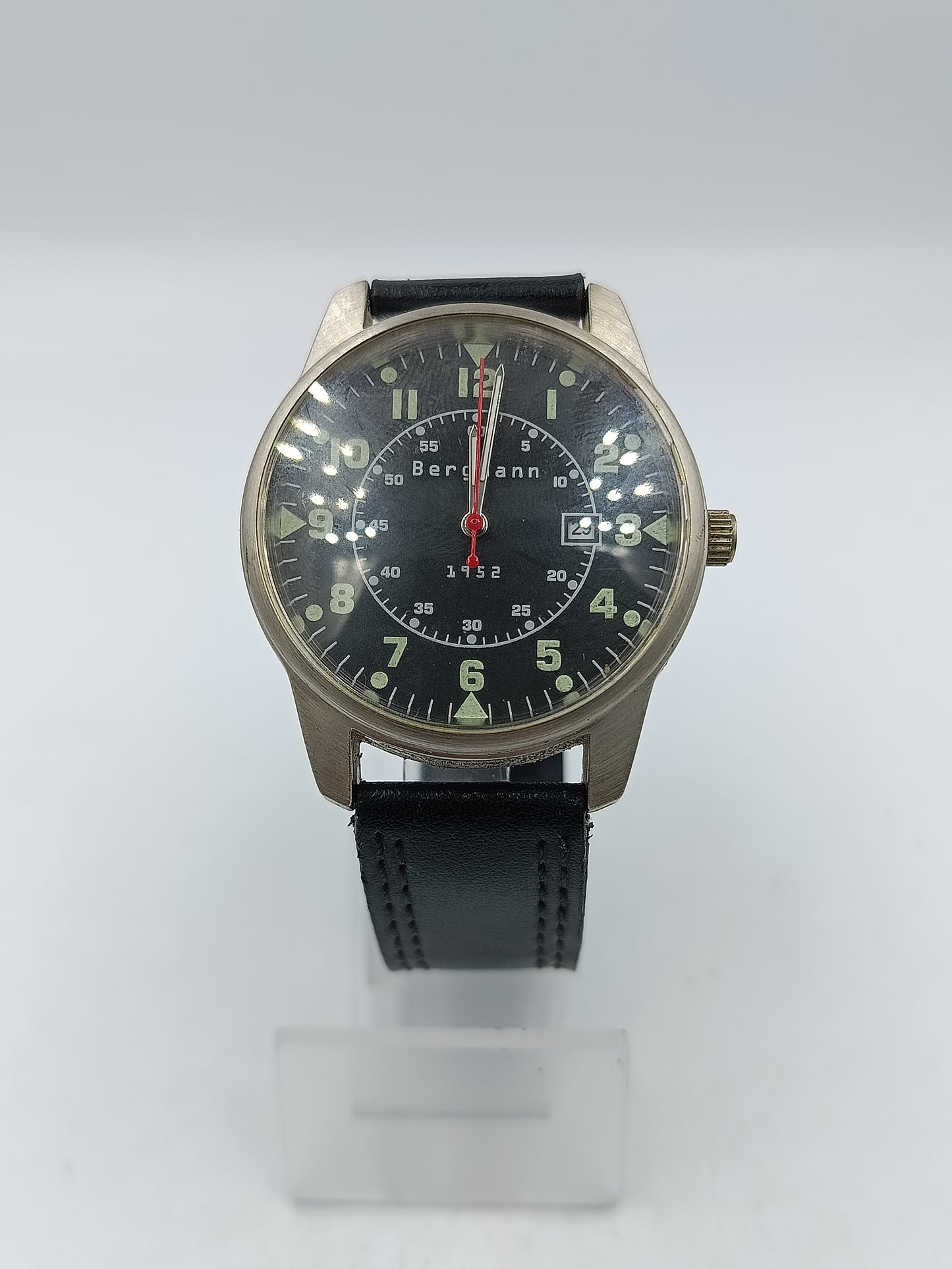 Bergmann Armbanduhr Edelstahl Schwarz Pilot Design mit Datumsanzeige