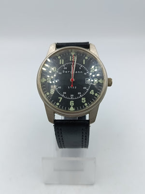 Bergmann Armbanduhr Edelstahl Schwarz Pilot Design mit Datumsanzeige