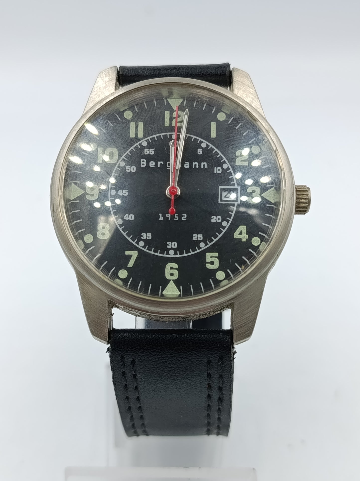 Bergmann Armbanduhr Edelstahl Schwarz Pilot Design mit Datumsanzeige