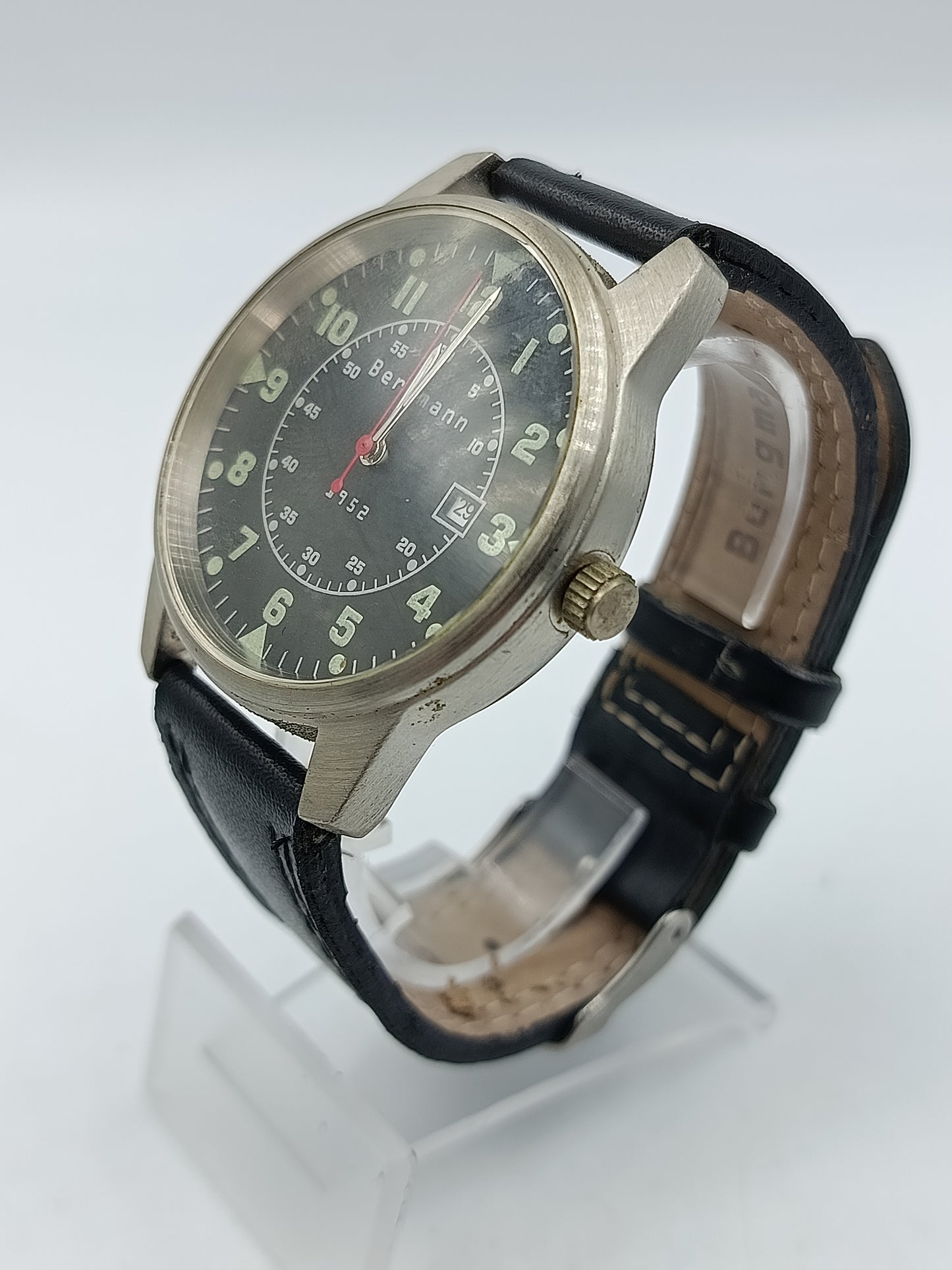 Bergmann Armbanduhr Edelstahl Schwarz Pilot Design mit Datumsanzeige