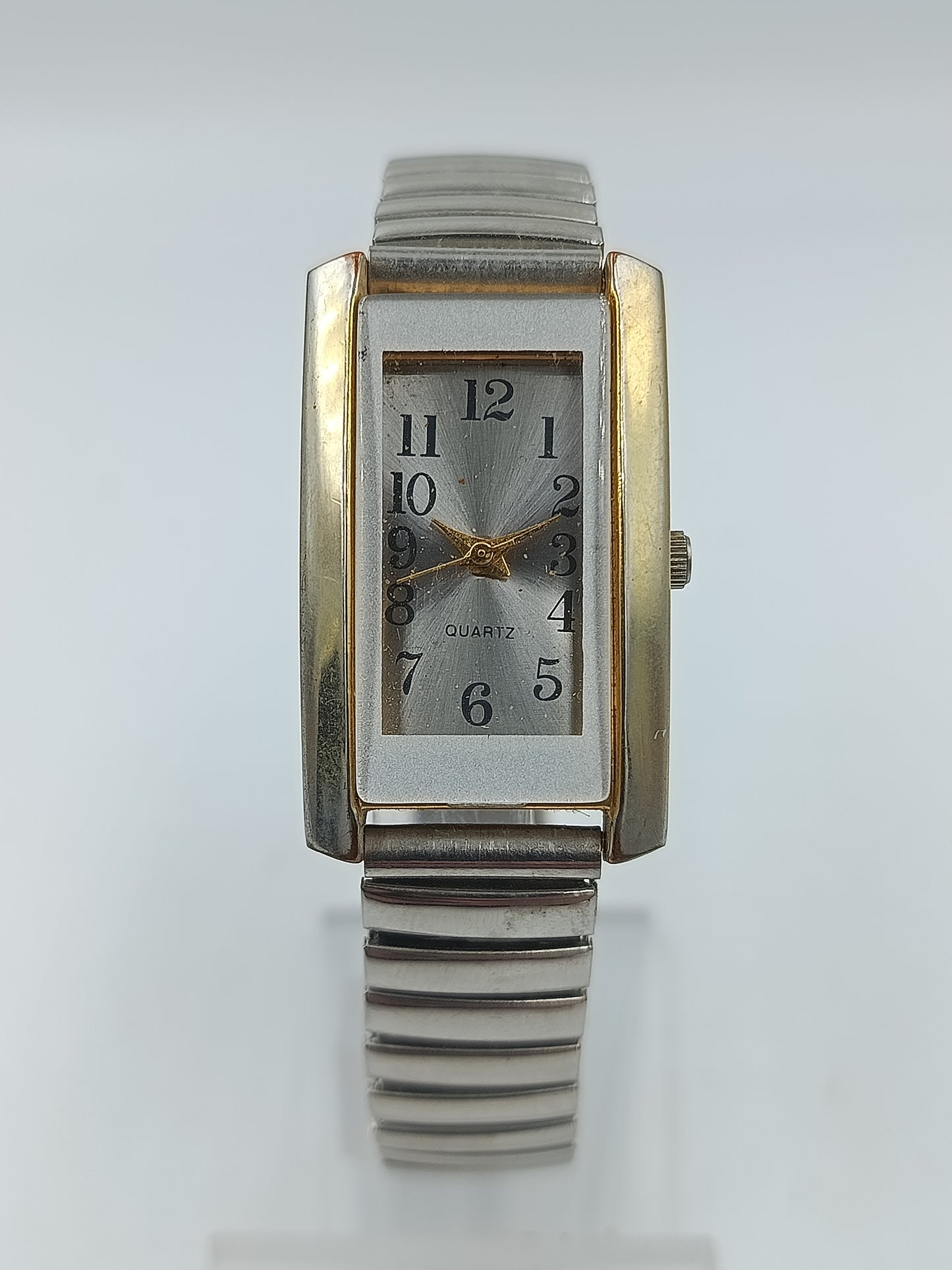Quartz Armbanduhr Silber Goldfarben Rechteckig Stretchband Vintage