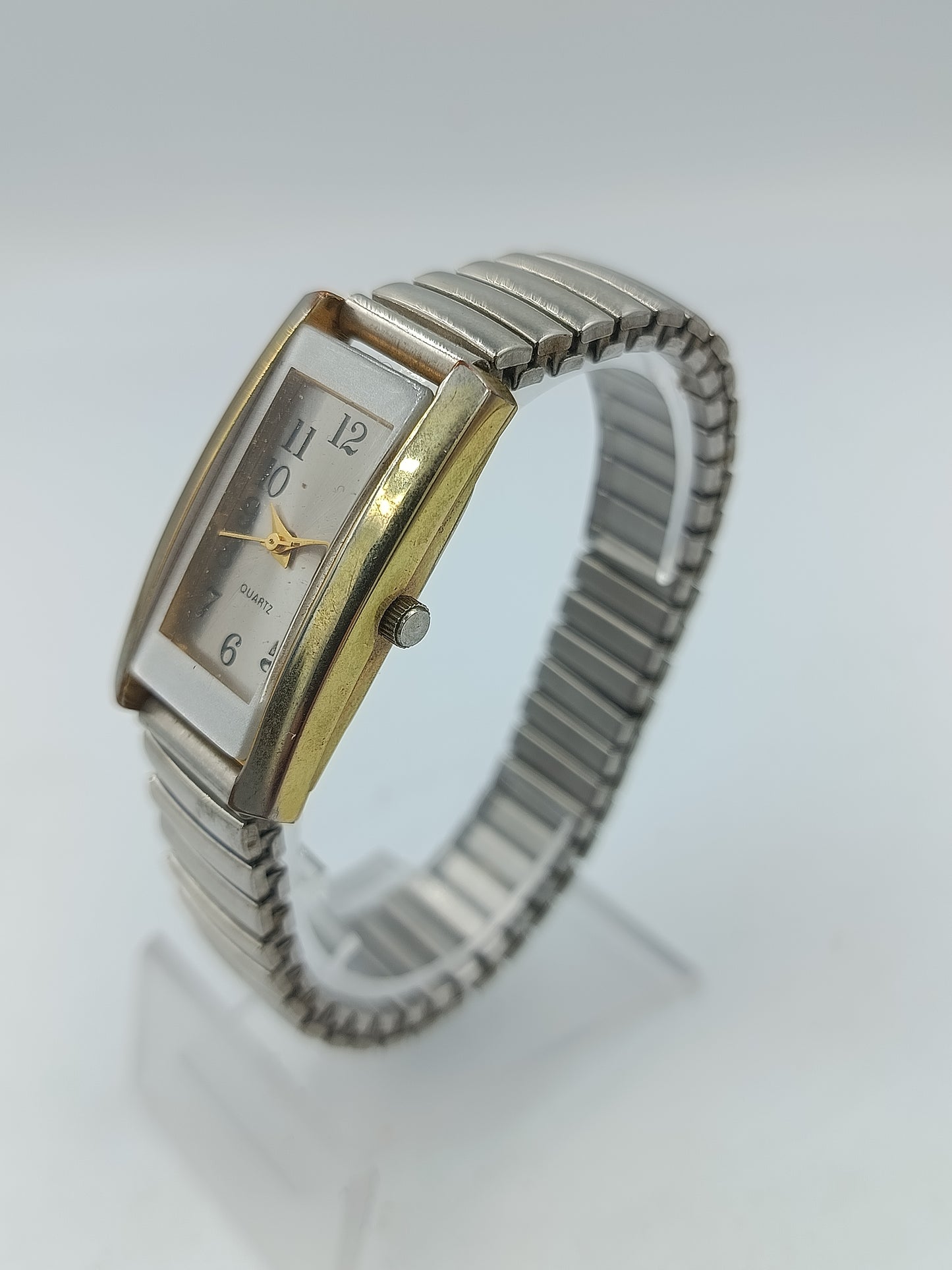 Quartz Armbanduhr Silber Goldfarben Rechteckig Stretchband Vintage