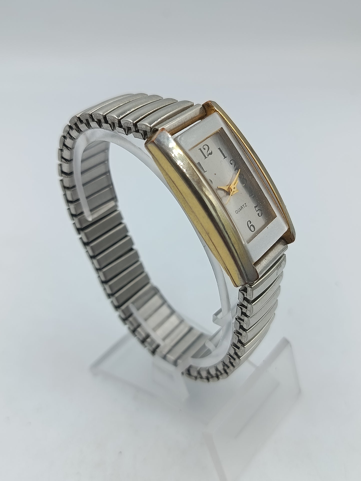 Quartz Armbanduhr Silber Goldfarben Rechteckig Stretchband Vintage
