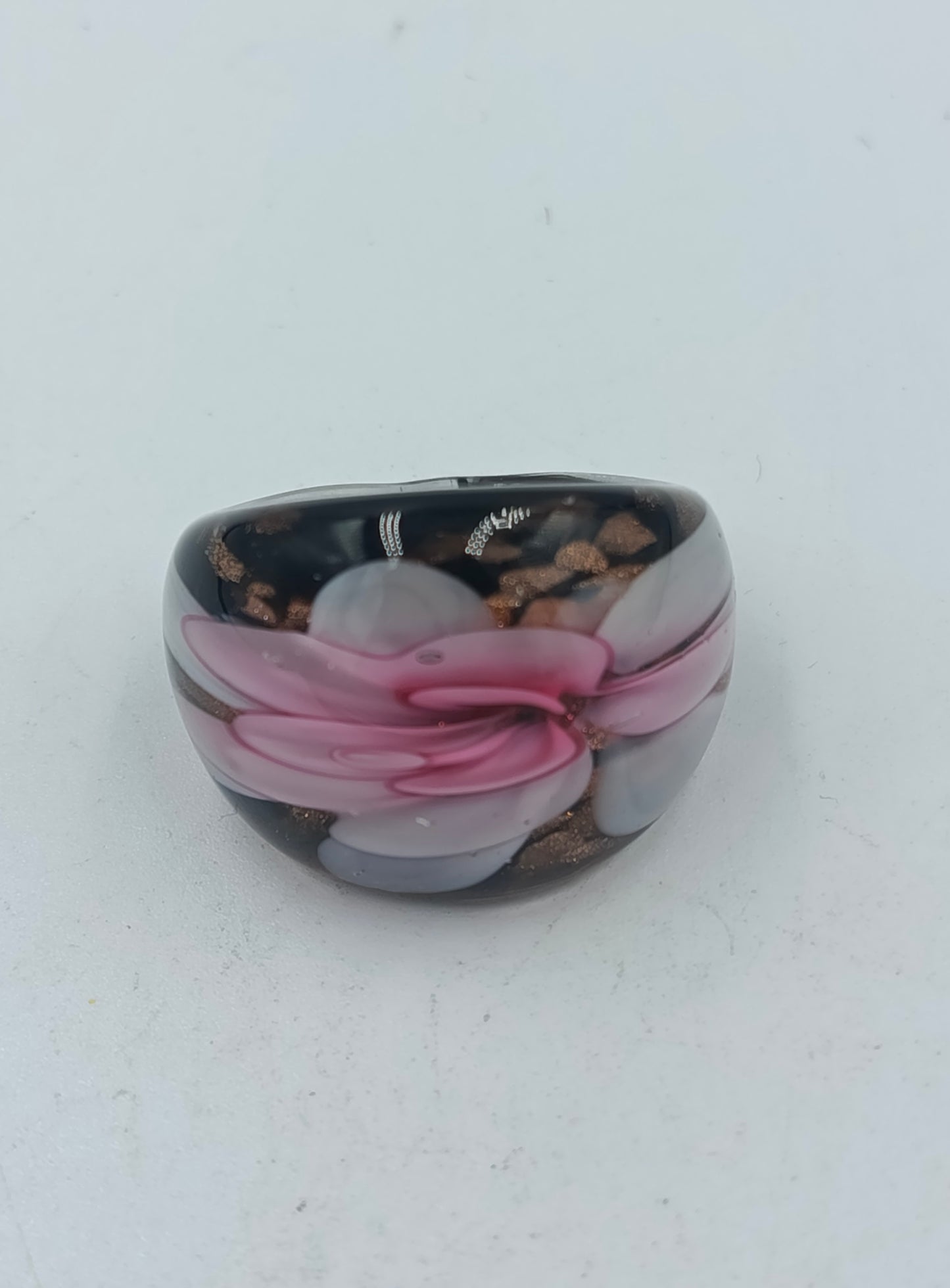 Glasring Schwarz Rosa Handgefertigt Blumen Design Größe 55