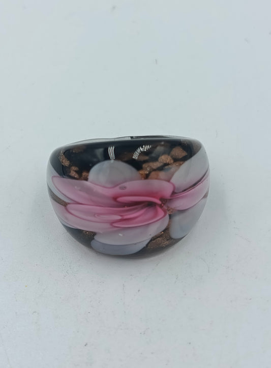 Glasring Schwarz Rosa Handgefertigt Blumen Design Größe 55