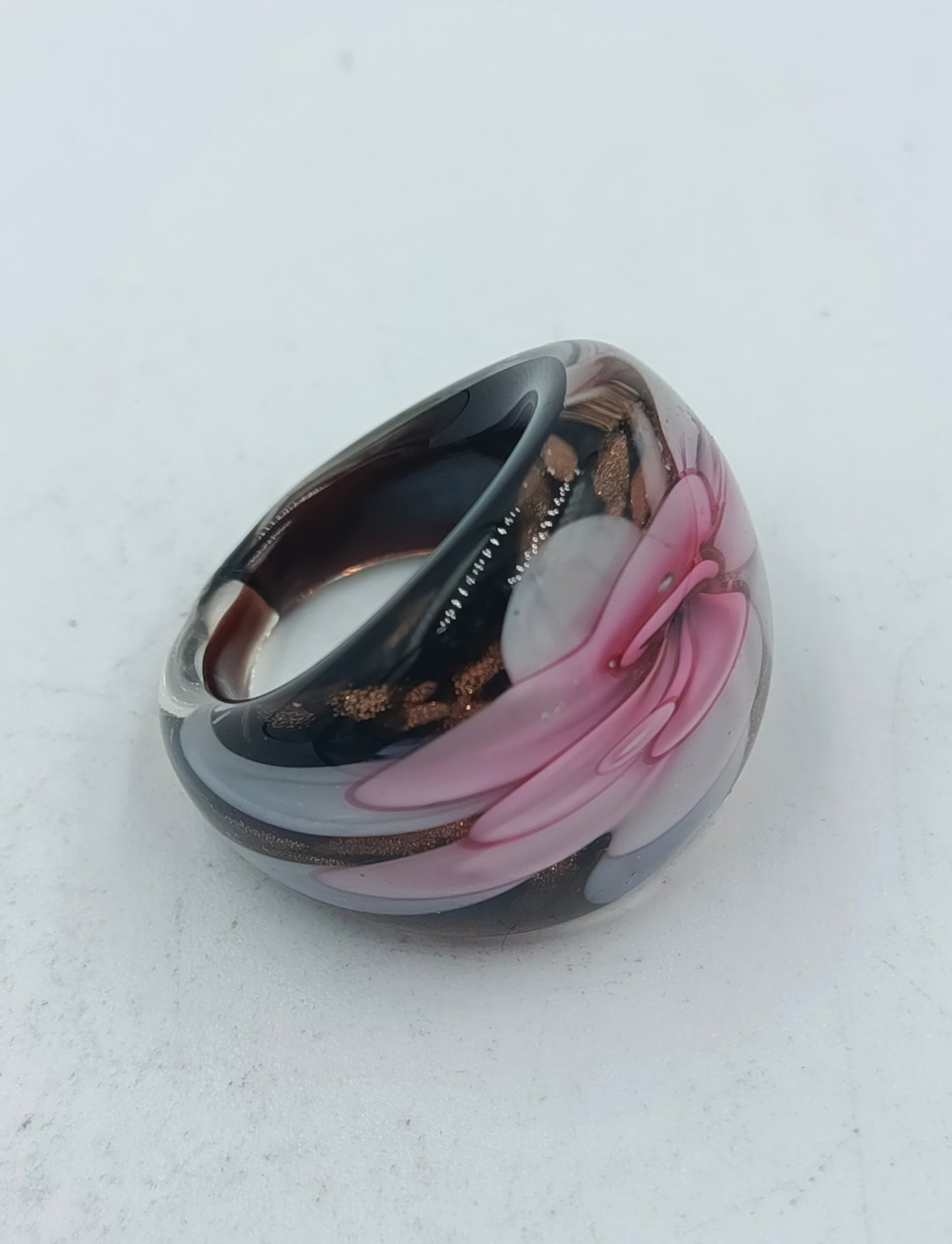 Glasring Schwarz Rosa Handgefertigt Blumen Design Größe 55