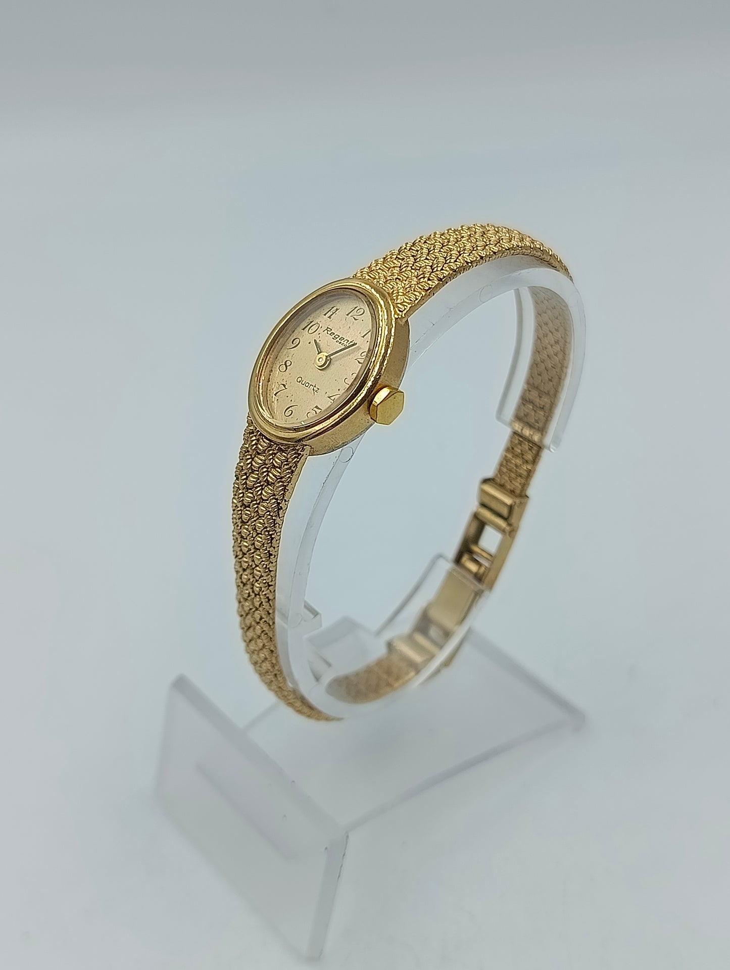 Regent Damen Armbanduhr Goldfarben Vintage Design mit Strukturband Quartz Uhr