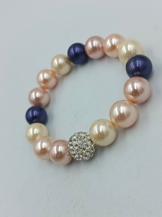 Armband elastisch mit Perlen in Creme Rosa Blau und Strass Kugel Schmuck